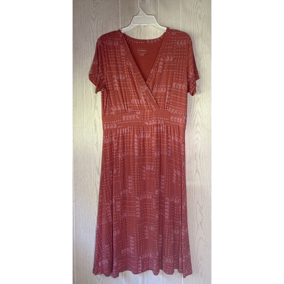 LL Bean Mauve Pink Stretch Patterned Dress Size Large Casual - Picture 1 of 6